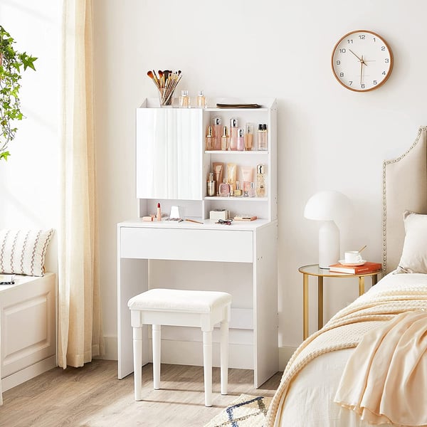 Rootz White spånplade sminkebord - Sminkebord - Makeup skrivebord - 70 x 40 x 136 cm - Anti-Tip-enhed - Nem montering - Opbevaringsplads