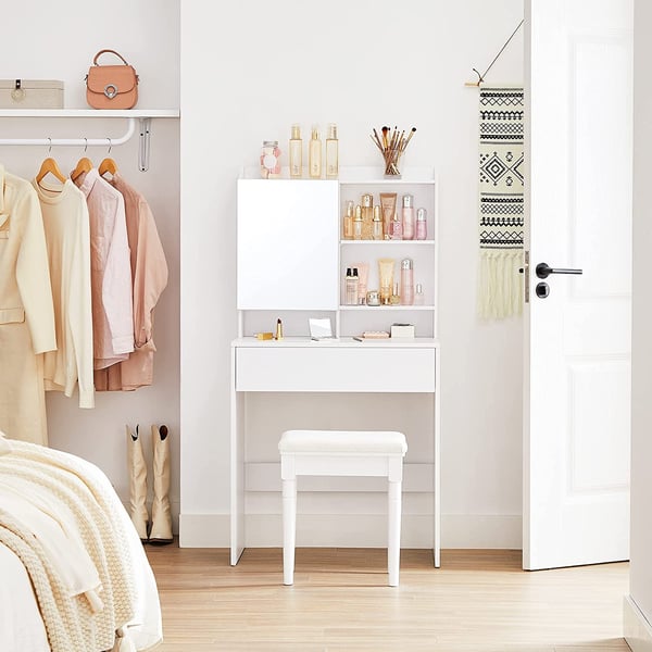 Rootz White spånplade sminkebord - Sminkebord - Makeup skrivebord - 70 x 40 x 136 cm - Anti-Tip-enhed - Nem montering - Opbevaringsplads