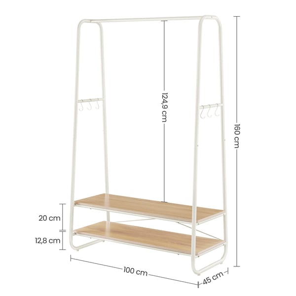 Rootz Eg Cremehvid Tøjstativ - Garderobeholder - Beklædningsstativ - Spånplade og stål - 45cm x 100cm x 160cm - Heavy Duty - Nem montering - Maks. bel