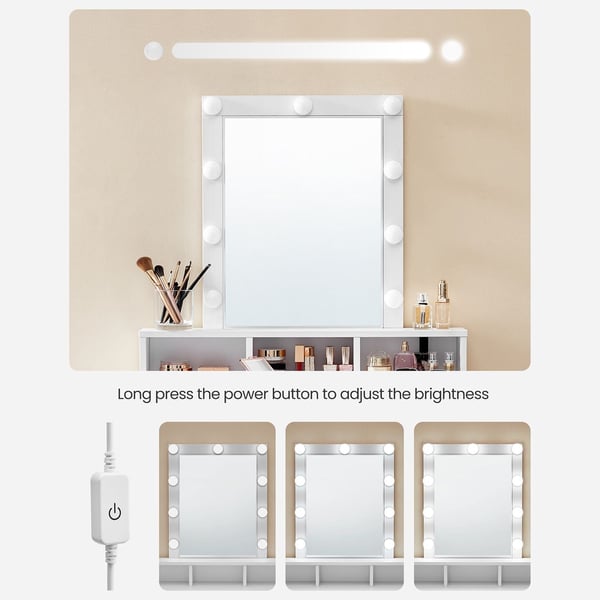 Rootz White Toiletbord med spejl - Sminkebord - Makeupbord - Spånpladekonstruktion - 2 skuffer - 3 rum - Hævet hylde - Pærer - Nem makeup-rutine - Bør