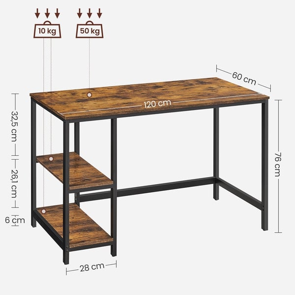 Rootz Vintage -tietokonepöytä - Toimistopöytä - Työpöytä - Tyylikäs muotoilu - Monipuoliset hyllyt - Helppo koota - Lastulevy ja teräs - 60cm x 120cm