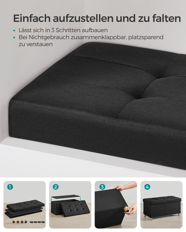 Rootz sæde kisteopbevaring Ottoman - Sort Ottoman - Opbevaringsbænk - Imiteret linned - Skumpolstring - MDF-konstruktion - 38cm x 76cm x 40cm - 6,5kg