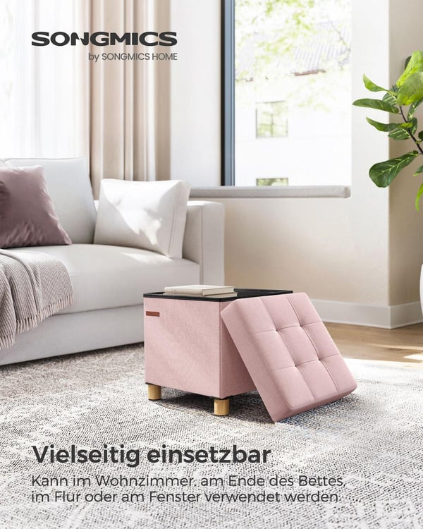 Rootz Pastel Pink sædekiste - Opbevaring Ottoman - Fodskammel - Imiteret linned - Skumpolstring - MDF-konstruktion - 38 cm x 38 cm x 40 cm - 3,5 kg -