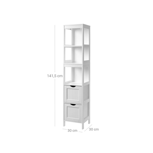 Rootz Højt badeværelsesskab - Hvidt opbevaringsskab - MDF-møbler - Elegant design - 3 åbne rum - 2 skuffer - Alsidig brug - 30 cm x 30 cm x 141,5 cm