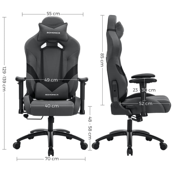 Rootz Gaming Stol - Grå-sort - Polyesterstof - Koldskumpolstring - Stålbund - PU-armlæn - Nylonkernehjul - 129-139 cm x 70 cm x 71 cm - Ergonomisk des