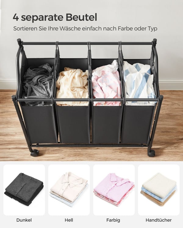 Rootz Laundry Hamper -kärry - Pyörivä pyykkikärry - Pyykinlajittelija - Tukeva metallirunko - Kestävä 600D polyesterikangas - 4 pyörää - 4 lokeroa - T