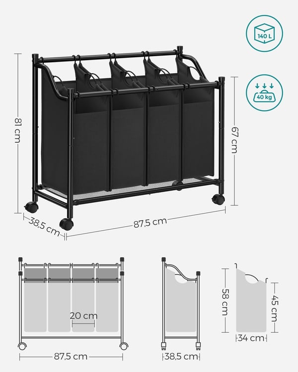 Rootz Laundry Hamper -kärry - Pyörivä pyykkikärry - Pyykinlajittelija - Tukeva metallirunko - Kestävä 600D polyesterikangas - 4 pyörää - 4 lokeroa - T