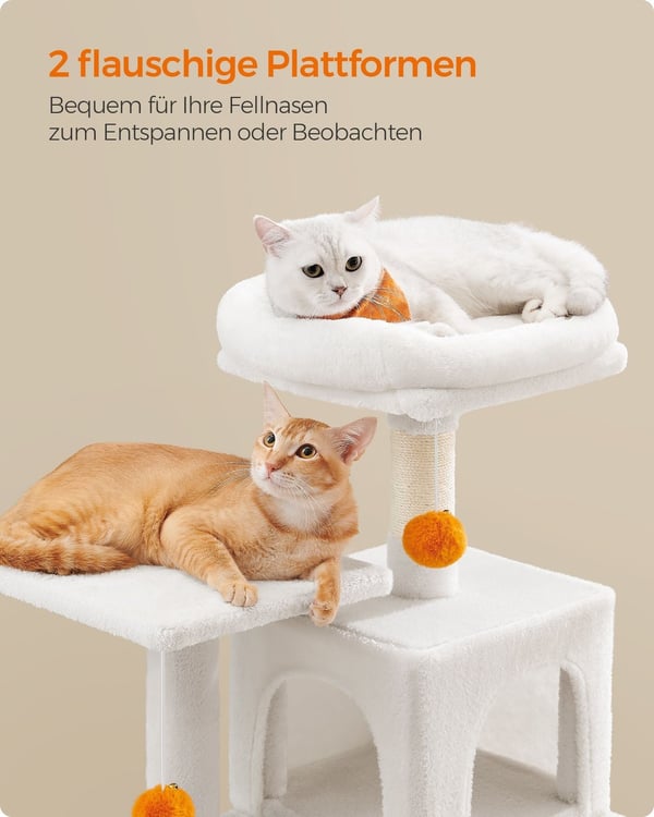 Rootz Cat kradsestolpe - Cremehvidt kattetræ - Katteklatretårn - Spånplade Plys Sisal - 45 cm x 35 cm x 112 cm - Robust konstruktion - Flere katte - N