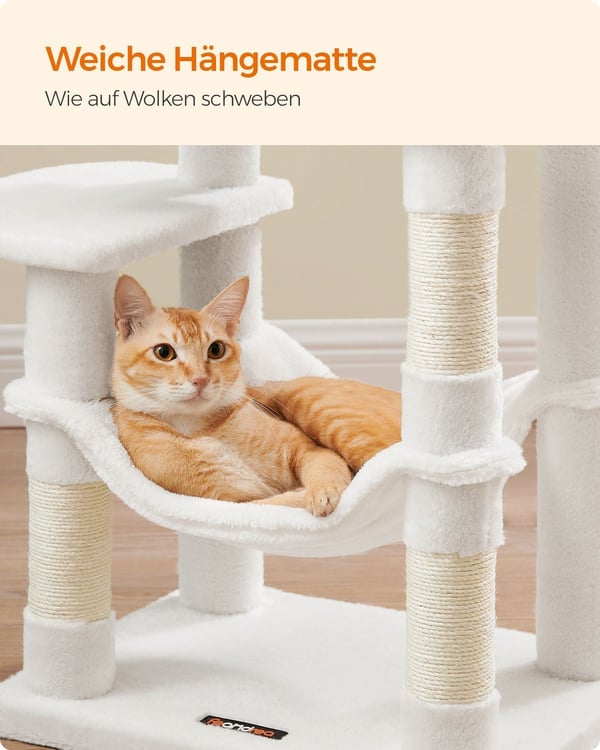 Rootz Cat kradsestolpe - Cremehvidt kattetræ - Katteklatretårn - Spånplade Plys Sisal - 45 cm x 35 cm x 112 cm - Robust konstruktion - Flere katte - N