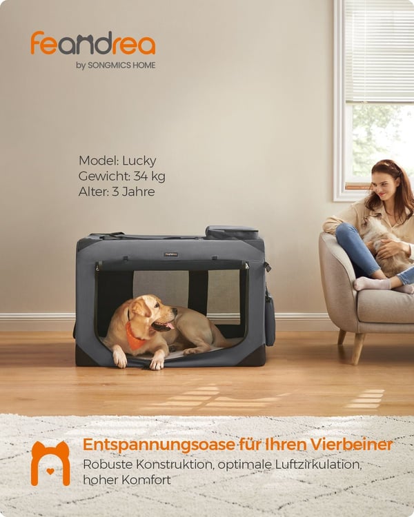 Rootz XXXL Grå Hundeboks - Kæledyrsbur - Kennel - Metalramme - 600D Oxford-stof - PVC-belægning - Fleece - Rummelig - Holdbar - Bærbar - 102 cm x 69 c