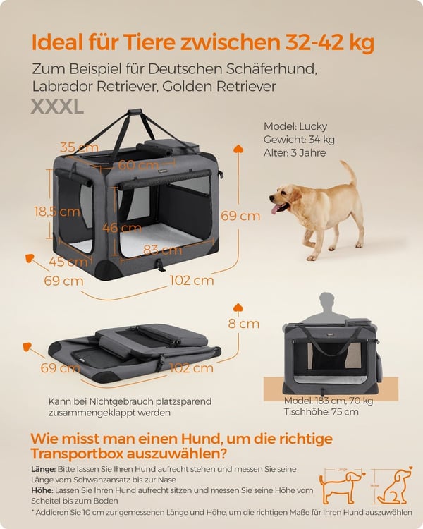 Rootz XXXL Grå Hundeboks - Kæledyrsbur - Kennel - Metalramme - 600D Oxford-stof - PVC-belægning - Fleece - Rummelig - Holdbar - Bærbar - 102 cm x 69 c