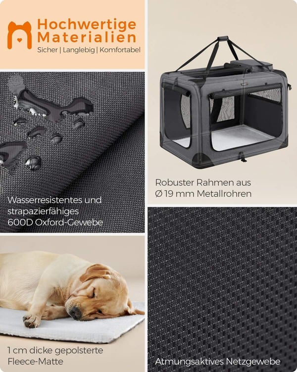 Rootz XXXL Grå Hundeboks - Kæledyrsbur - Kennel - Metalramme - 600D Oxford-stof - PVC-belægning - Fleece - Rummelig - Holdbar - Bærbar - 102 cm x 69 c