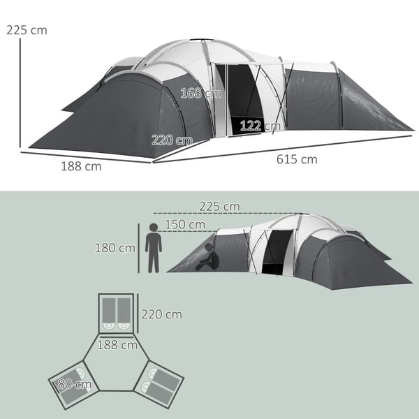 Rootz Campingtelt - Tunneltelt - Familietelt - Rummeligt - Holdbart - Vandtæt - 220L x 188W x 150H cm (soveværelse), 495L x 415W cm (Stue)