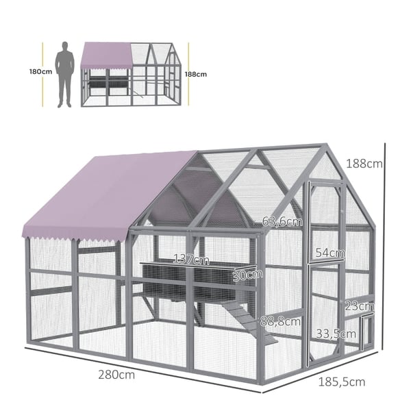 Rootz PawHut hønsegård - hønsehus - walk-in kabinet - vejrbestandigt - rummeligt design - holdbare materialer - praktiske redekasser - 280 cm x 185,5