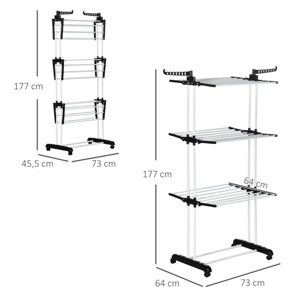 Rootz Airer - Tørrestativ - Vasketøjsstativ - Foldbart design - Høj belastningskapacitet - Mobilitet og stabilitet - 73 cm x 64 cm x 177 cm - Metalram