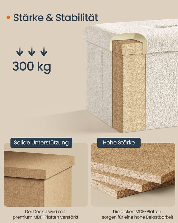 Rootz Storage Affool - Seat Chest - Ottoman - 43L Capacity - White MDF & Fleece - 38x38x38cm
