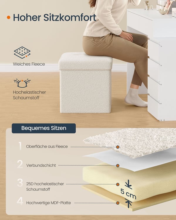 Rootz Storage Affool - Seat Chest - Ottoman - 43L Capacity - White MDF & Fleece - 38x38x38cm
