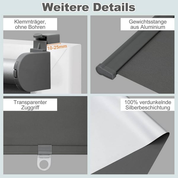 Rootz Blackout Roller Blind - Thermal Shade - Window Covering - 100% Light Blocking - White, Gray - 95x150 cm - Easy Install, No Drill behov