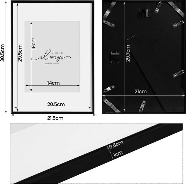 Rootz 4 Set Picture Frame - Valokuvakehys - Metallikuvanäyttö - Kestävä ja tyylikäs - 21x29.7cm (A4) Musta alumiinikehys