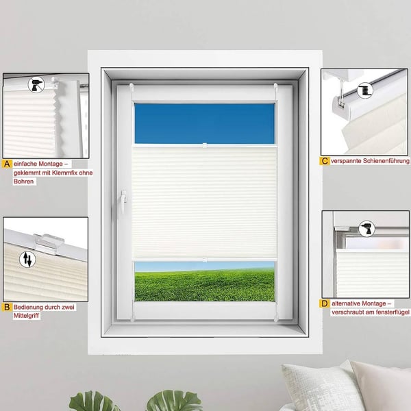 Rootz plisseret vindue blind - klemme persienner - letfix nuancer - ingen boreinstallation - uigennemsigtig privatliv - 65 cm x 220 cm hvid