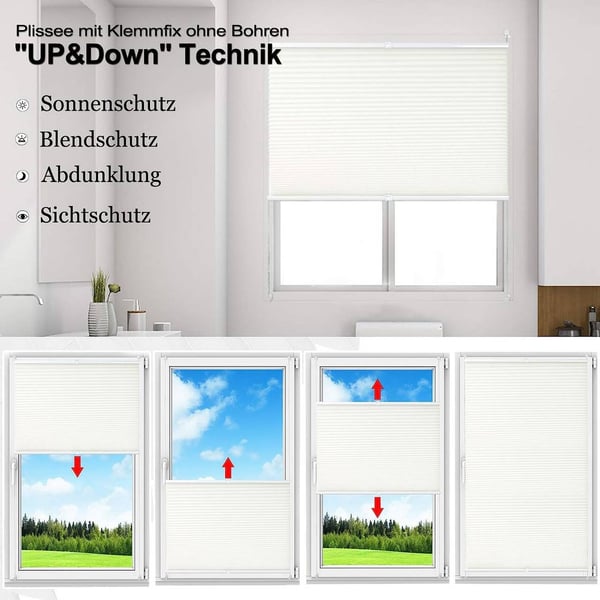 Rootz plisseret vindue blind - klemme persienner - letfix nuancer - ingen boreinstallation - uigennemsigtig privatliv - 65 cm x 220 cm hvid