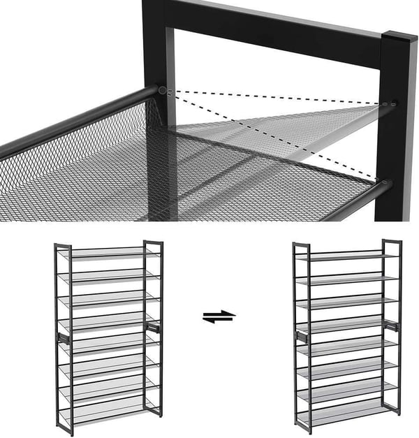 Rootz Skostativ med 8 niveauer - Sæt med 2 stabelbare 4-lags skoopslag - Metal skoopbevaring med justerbare mesh hylder - Sort