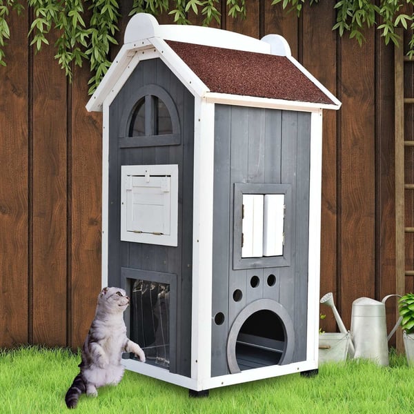 Rootz Cat House - Grå, Hvid - Fyrtræ, Asfalt - 23,22 cm x 21,65 cm x 42,91 cm