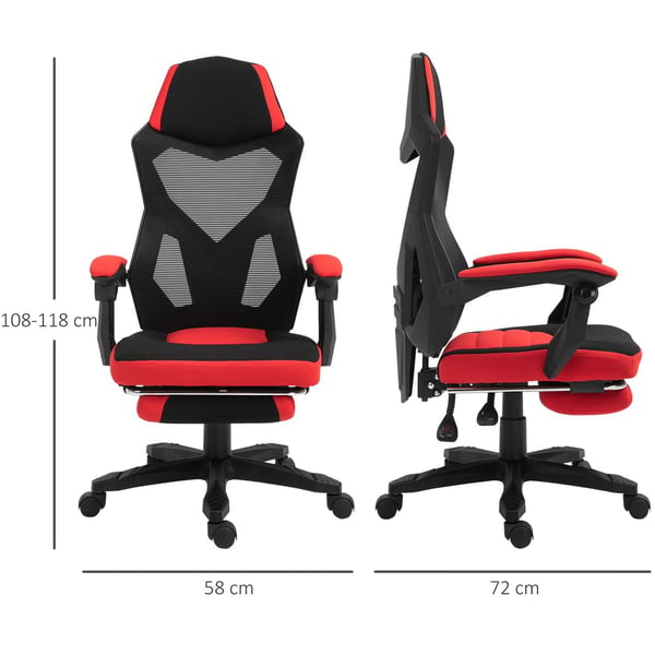 Nancy's Piqua Gamestoel - Draaistoel - Voetstøtte - Mesh - Verstelbaar In Hoogte - 58 x 72 x 108-118 cm - Sort - Rood