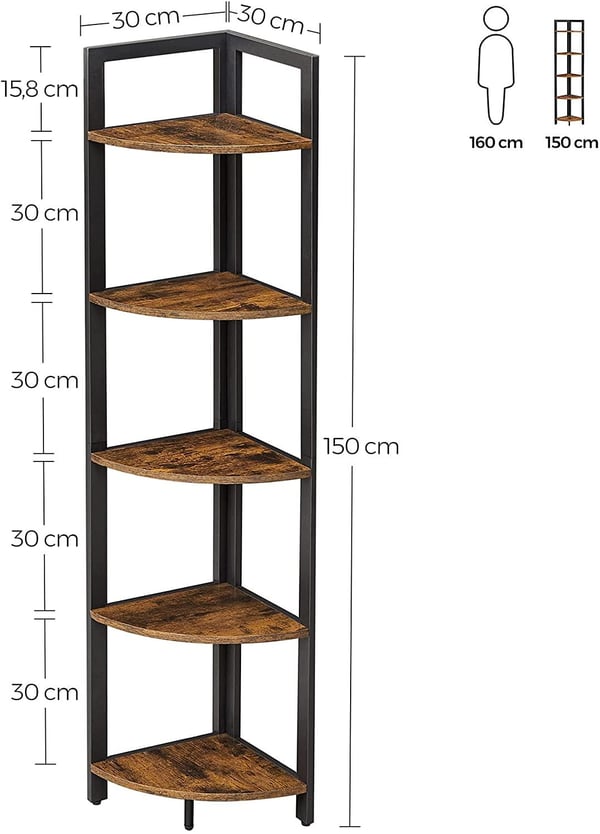 Rootz Hjørneskab - Reol - Hylde - Metal - Forarbejdet træ - Brun - Sort - 30 x 30 x 150 cm