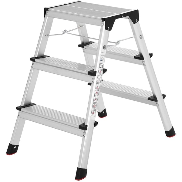 Rootz Husholdningstrapper - Køkkenstige - Køkkentrappe - Taburet - 3 trin - 3 positioner - Aluminium - Sølv - Sort - 44 x 68 x 20 cm