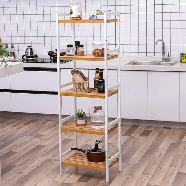 Rootz reol - Opbevaringsstativ - Køkkenskab - Bambus - Hvid - Beige - 5 niveauer - 45 x 31,5 x 142 cm