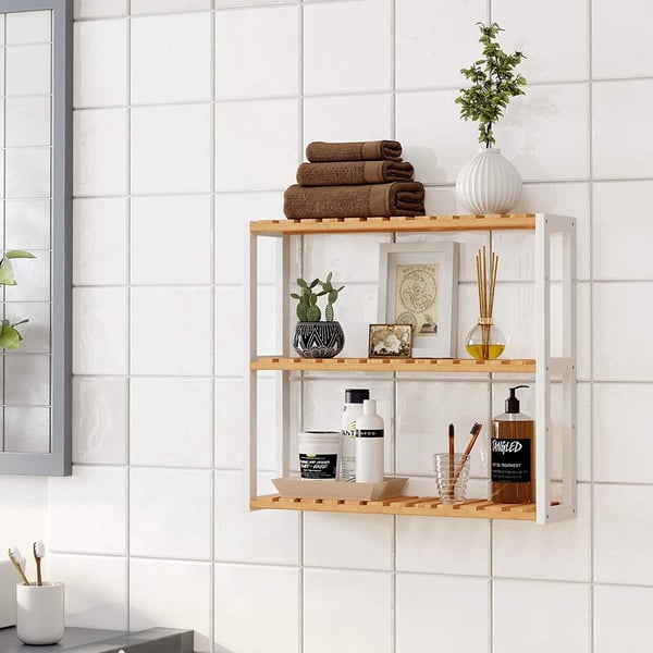 Rootz Væghylde - Bambus - Højdejusterbar - 3 Lag - Vægmonteret - Bogreol - Beige - Hvid - 60 x 15 x 54 cm