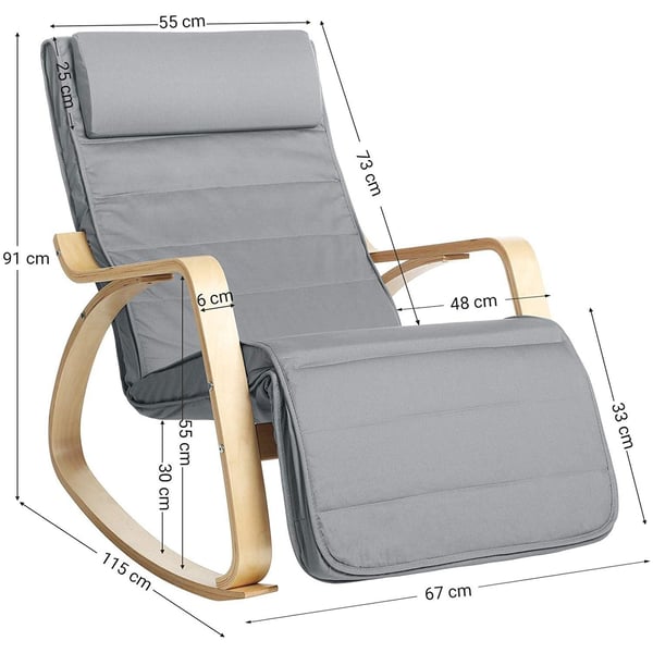 Rootz Gyngestol - Relax Chair - Armlæn - 5-vejs justerbar fodstøtte - Birketræ - Grå - Beige - 67 x 115 x 91 cm