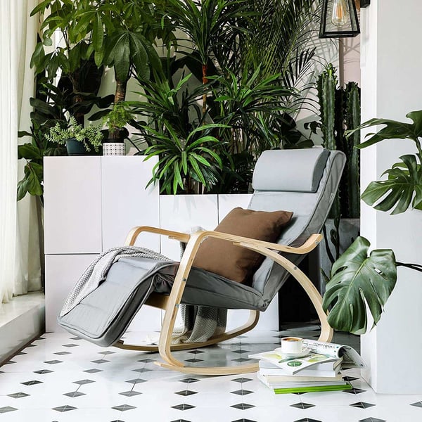 Rootz Gyngestol - Relax Chair - Armlæn - 5-vejs justerbar fodstøtte - Birketræ - Grå - Beige - 67 x 115 x 91 cm