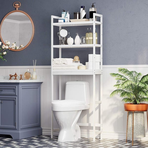Rootz toiletstativ - Badeværelsesskab - Toiletskab - 3-lags -Baderumsarrangør - Hvid - Bambus - 63 x 26 x 163 cm