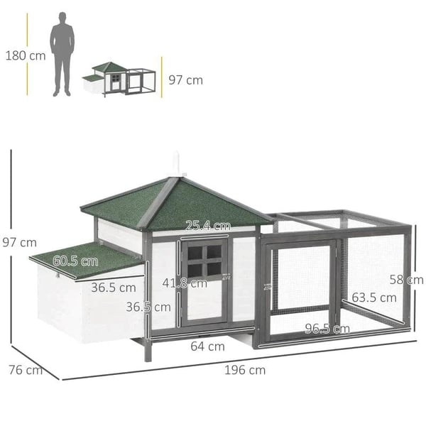 Rootz Chicken House - Bantam Chicken House - Dyrebur til kæledyr - Hønsebur - Bantam Chicken Coop - 196 x 76 x 97 cm