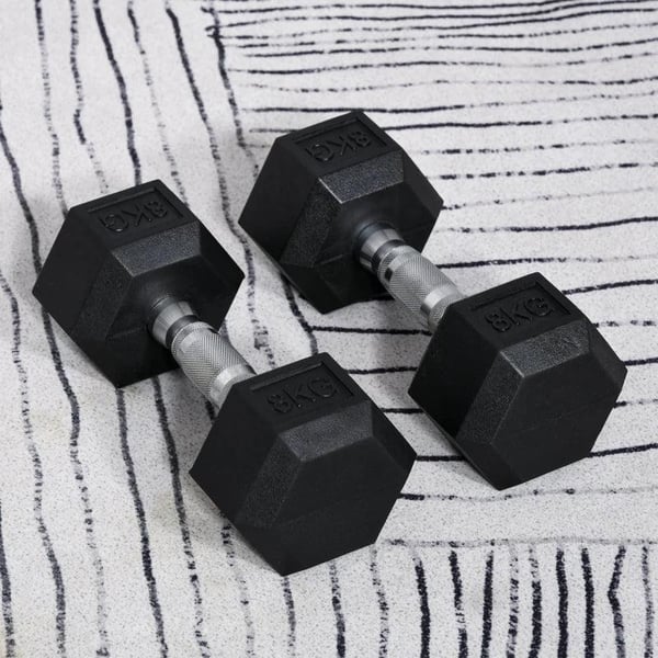 Rootz 2 x 8 KG kuusikulmaiset käsipainot - Kumikäsipaino - Pyörretetty kahva - Urheilu kuusiokolopainosarjat - Painonnostoharjoitus - Koti - Kuntosali