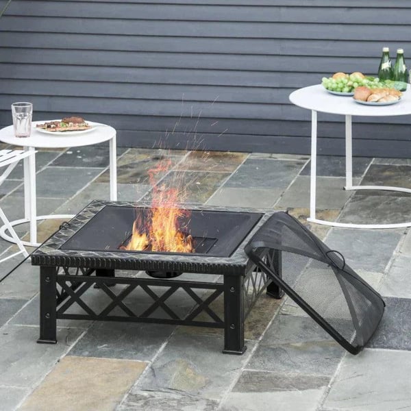 Rootz 3-i-1 Bålplads - Bålplads med gnistbeskyttelse - Grillrist - Isspand - Have - BBQ - Sort 76 x 76 x 47 cm
