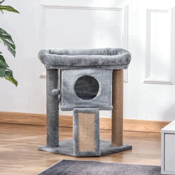 Rootz Cat Tree - Kattetræ med Jute-skrabemåtte - Hængende bold - Scratcher Board - Kattemøbler med dørhul - Kæledyrsmøbler - Lysegrå - 40 x 40 x 57 cm