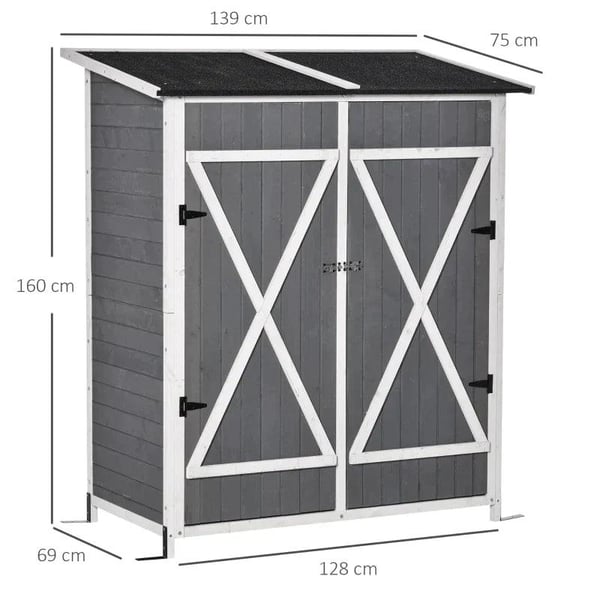 Rootz Redskabsskur - Haveskab - 2 døre - Værktøjsskab - Haveopbevaring - Træ - Grå/Hvid - 139 x 75 x 160 cm