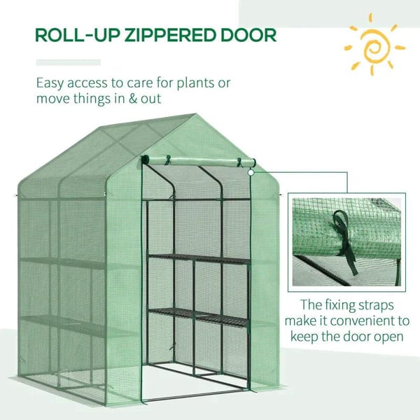 Rootz Folie Drivhus - Walk-in Drivhus Med 8 hylder - Tomat Drivhus - Kold Ramme Med Låge - Stål - PE Plast - Grøn - 143 x 138 x 195 cm