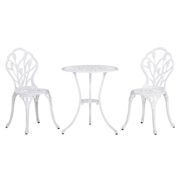 Rootz 3-delt havebordssæt - Bistrosæt - Bord - Stol - Udskåret trædesign - Aluminium - Hvid - Ø60 x 67H cm