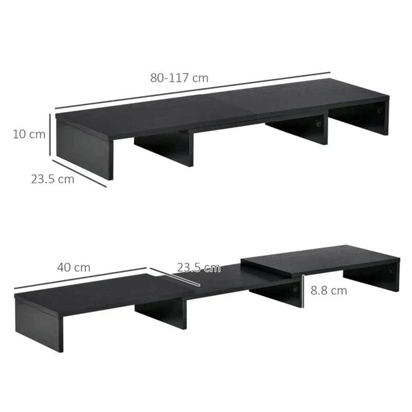 Rootz-skærmstativ - 3 hylder - Længdevinkeljusterbar - Dobbeltskærmstativ - Træhylde - Skærmholder til computer - Sort - 80-117 x 23,5 x 10 cm