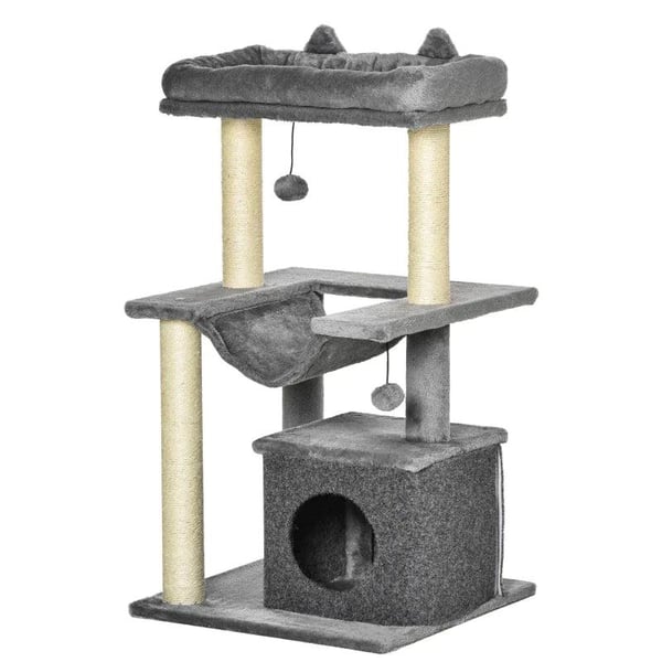 Rootz Kattetræ - Kradsestolpe med hængekøje - Legetræ - Kattehule - Katteklatretræ - Plys sisal - Grå - 48L x 48W x 90H cm