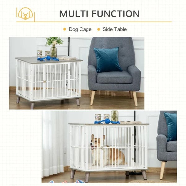 Rootz Hundebur - Hundebur i træ med pude - Dekorativ hundebur - Kæledyrsbur til små mellemstore hunde - Træ - Stål - Hvid + Grå - 86 cm x 60 cm x 70 c