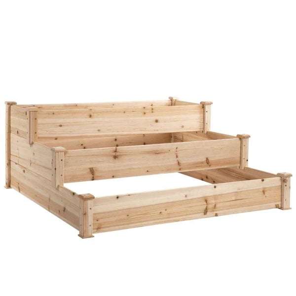 Rootz Højseng - 3-etages træhavebed - Plantebed - Urtebed - Blomsterstige til altan og have - Naturlig - Grantræ - 124 x 124 x 56 cm
