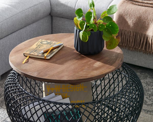 Rootz sohvapöytä mango massiivipuu metalli 60x60x45 cm musta pyöreä säilytystilalla - Design olohuoneen pöytä pajupöytä moderni - Päätypöytä sohvapöyt