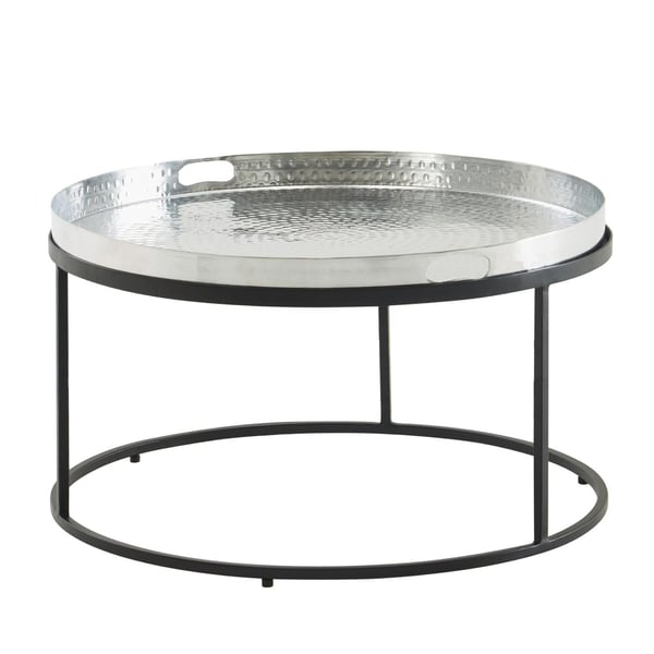 Rootz sohvapöytä vasaralla metallia 62x62x36 cm sohvapöytä alumiini hopea musta - Design olohuoneen pöytä irrotettava tarjotin pyöreä - Tarjotinpöytä
