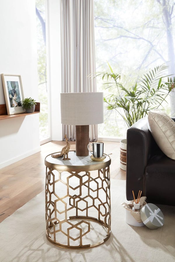 Rootz sidebord ægte marmor hvid 46x46x55 cm sidebord metal guld - Rundt lille sofabord - Stuebord Sofa Modern - Sofabord højt