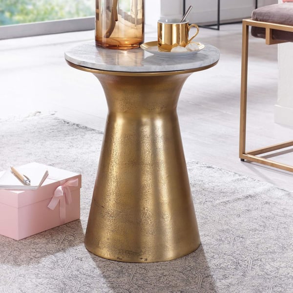 Rootz sidebord ægte marmor hvid 35x35x45 cm sidebord metal guld - Rundt lille sofabord - Stuebord Sofa Moderne - Sofabord højt